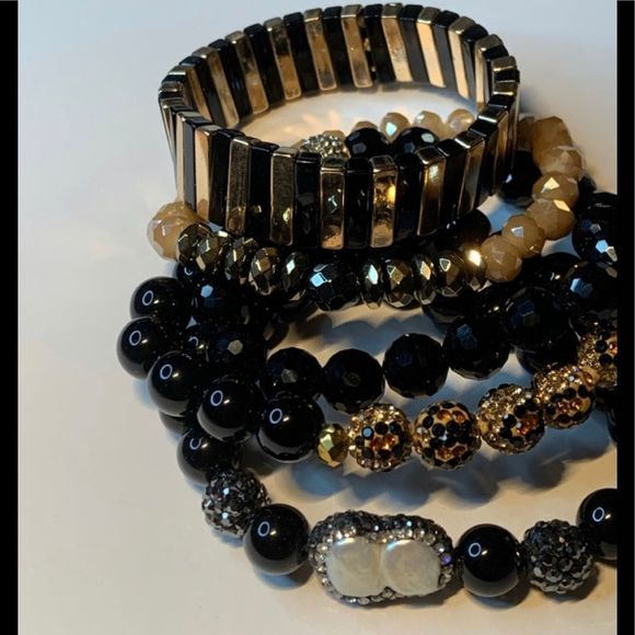 Black 5 bracelet stack, including crystal and pearl bead accents - Picture 2 of 3